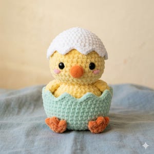 Puede incluir: Un pollito de ganchillo saliendo de una cáscara de huevo verde claro. El pollito es amarillo con pico y patas naranjas, ojos negros y mejillas rosas. La parte superior de la cáscara es blanca. Este artículo temático de Pascua es una pieza decorativa encantadora.