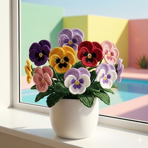 May include: A white ceramic pot displaying a collection of crocheted pansies in various colours. The flowers include shades of purple, yellow, red, pink, and white, with green leaves. The arrangement is on a windowsill with a colourful backdrop.