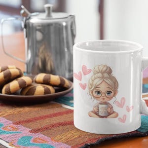 Cute Latte Mug, 12oz Personalized Mug, Cartoon Girl Coffee Cup, Unique Gift for Coffee Lovers, Heart Design Mug, Home Decor
