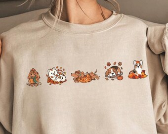 Herbstliches Hunde-Sweatshirt, Rundhalsausschnitt für Hundemama, Geschenk für Hundepapa, Rundhalsausschnitt mit Herbstmotiven, Gruseliges Geschenk für Hundeliebhaber, Halloween-Hund, Hunde-Sweatshirt mit Herbstlaub