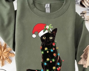 Lustiges Katzen-Weihnachts-Sweatshirt, Geschenkidee für Katzenliebhaber, Weihnachts-Sweatshirt mit schwarzer Katze und Lichterketten, Weihnachts-Shirt mit schwarzer Katze, T-Shirt für Katzenmama, Weihnachtsgeschenk