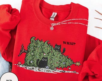 Lustiges Katzen-Weihnachts-Sweatshirt, Geschenkidee für Katzenliebhaber, Weihnachtsbaum-Sweatshirt mit schwarzer Katze, Weihnachtsshirt mit schwarzer Katze, Pullover für Katzenmama, Weihnachtsgeschenk