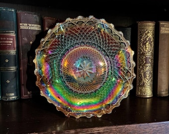 Antique Amethyst Carnival Glass Bowl, Diamond Point and Starburst Pattern, Iridescent Purple & Green Oil Slick Finish, Ruffled Sawtooth Edge