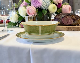 Salsera Noritake Eroica 2041 con plato inferior incorporado, color verde y dorado, diseño floral, fabricada en Japón (VTG).