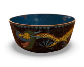 Cuenco vintage de esmalte cloisonné con diseño floral y abstracto sobre base de cobre