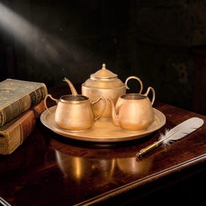 Mässingsteservis med 30 cm bricka, 4 delar tung massiv metall 13 cm tekanna, socker och gräddkanna, omärkt heminredning i guld från mitten av århundradet