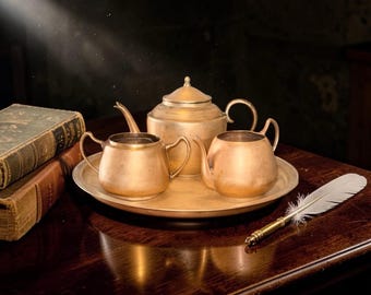 ヴィンテージ真鍮製ティーセット、12インチトレイ、重厚な金属製5.5インチティーポット、シュガーポット、クリーマーの4点セット、刻印なし、ミッドセンチュリーゴールドのホームデコレーション