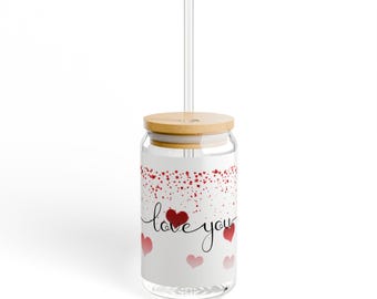 Lattina in vetro con motivo a cuori e cannuccia con coperchio "Ti amo" / 473 ml (16 oz)