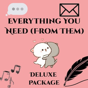 Puede incluir: Gráfico rosa con el texto "EVERYTHING YOU NEED (FROM THEM)" y "DELUXE PACKAGE". Presenta una imagen de dibujos animados de dos gatos abrazándose, notas musicales, una burbuja de diálogo, un sobre y una pluma.