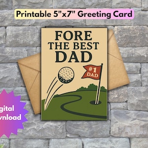 Tarjeta del Día del Padre "Fore the Best Dad Golf" (Imprimible, 5x7, descarga digital) - Divertida tarjeta de golf para papá - Descarga instantánea para él