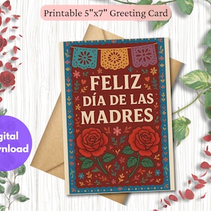 Cartão Feliz Dia das Mães - Dia das Mães Mexicano para Imprimir - Cartão Floral de Arte Popular - Cartão Espanhol para Mãe - Download Instantâneo