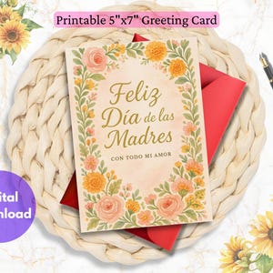 Feliz Día de las Madres Card – Spanish Mother&#39;s Day Card with Pastel Floral Watercolor Design – Printable 5x7 Folded Greeting Card