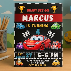 Editable Race Car Birthday Invitation for Kids - Boys Birthday Party Invite - Car Themed Birthday Template Canva