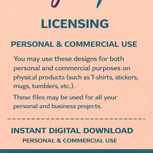 Puede incluir: Gr&aacute;fico color melocot&oacute;n con la palabra "Ayaloo" en fuente p&uacute;rpura y un pincel turquesa. El texto dice "LICENSING" y detalla el uso personal y comercial, incluyendo descargas digitales para productos como camisetas y tazas.