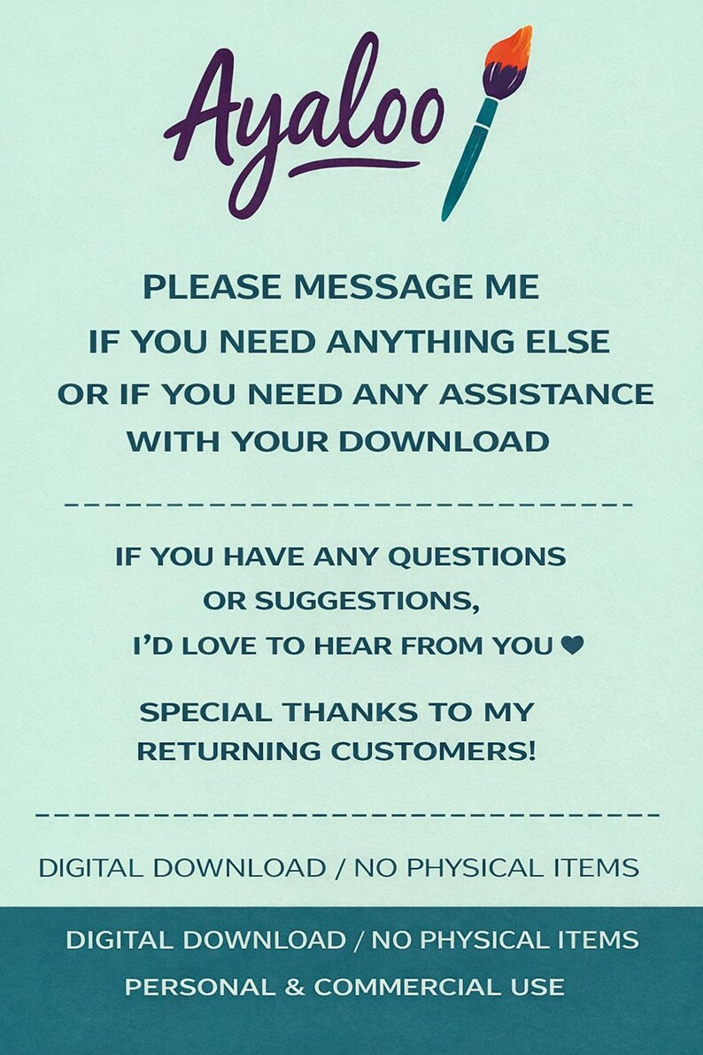 Puede incluir: Fondo turquesa con la palabra "Ayaloo" en escritura morada, acompa&ntilde;ada de un icono de pincel. El texto debajo dice "Por favor, env&iacute;ame un mensaje" y otra informaci&oacute;n de servicio al cliente. Descarga digital.