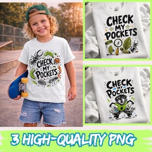 May include: White t-shirts with the text "CHECK MY POCKETS" and insect illustrations. One shirt is worn by a child holding a skateboard. Two additional shirts feature the same design. The image also includes the text "3 HIGH-QUALITY PNG".