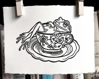 Frog in Teacup Linocut Print