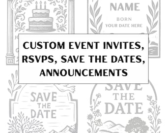 Custom Linocut Event Invites, RSVPs, Save the Dates for Weddings, Birthdays, Parties, Baby Announcement