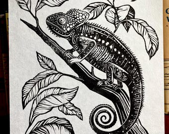 Chameleon Linocut Print