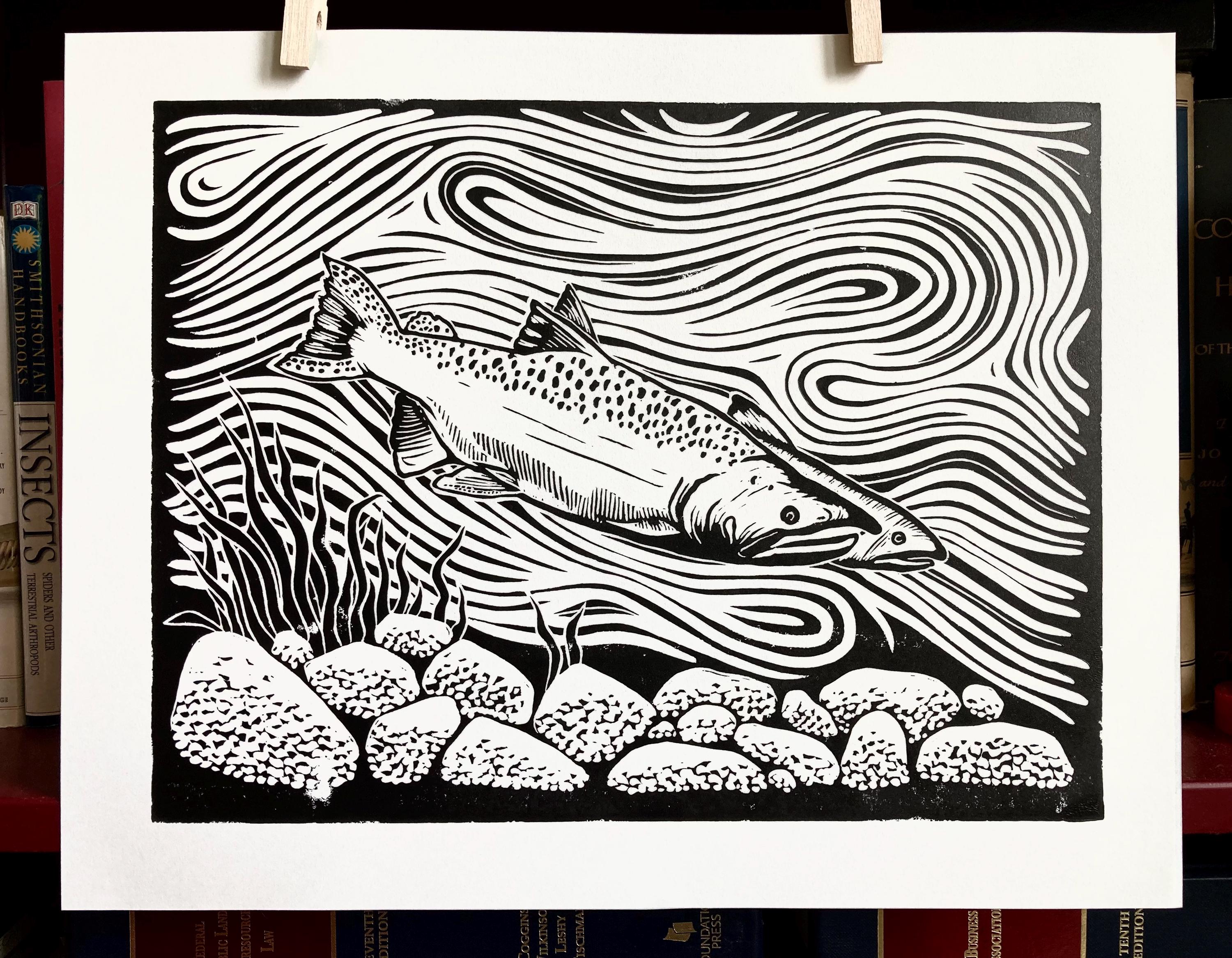 Impression linogravure saumon coho
