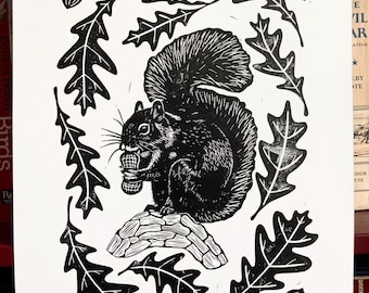 Squirrel Linocut Print