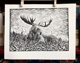 Midwestern Moose Linocut Print
