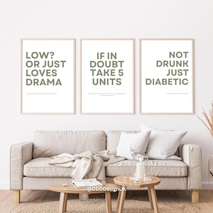 Funny Diabetic Wall Art – Set of 3 Digital Prints, Diabetes Quote Posters, Type 1 Gift, Instant Download, A2 A3 A4 High-Resolution Decor