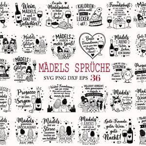 Könnte beinhalten: Eine Sammlung von 36 schwarz-weißen Grafikdesigns mit deutschen Sprüchen über Freundschaft und Wein, inklusive Illustrationen von Weinflaschen, Gläsern, Freundinnen und Herzen, mit dem zentralen Text MÄDELS SPRÜCHE SVG PNG DXF EPS 36.