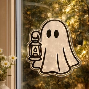 May include: A white ghost-shaped sticker with a black outline and holding a lantern. The ghost has two black oval eyes and a simple, friendly design. The sticker is likely for Halloween decorations.