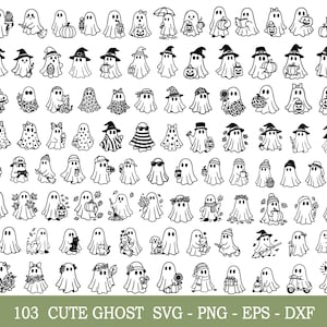 May include: A collection of 103 cute ghost illustrations in black and white. The ghosts are depicted in various styles, wearing hats, holding pumpkins, and more. The text "103 CUTE GHOST SVG - PNG - EPS - DXF" is at the bottom.
