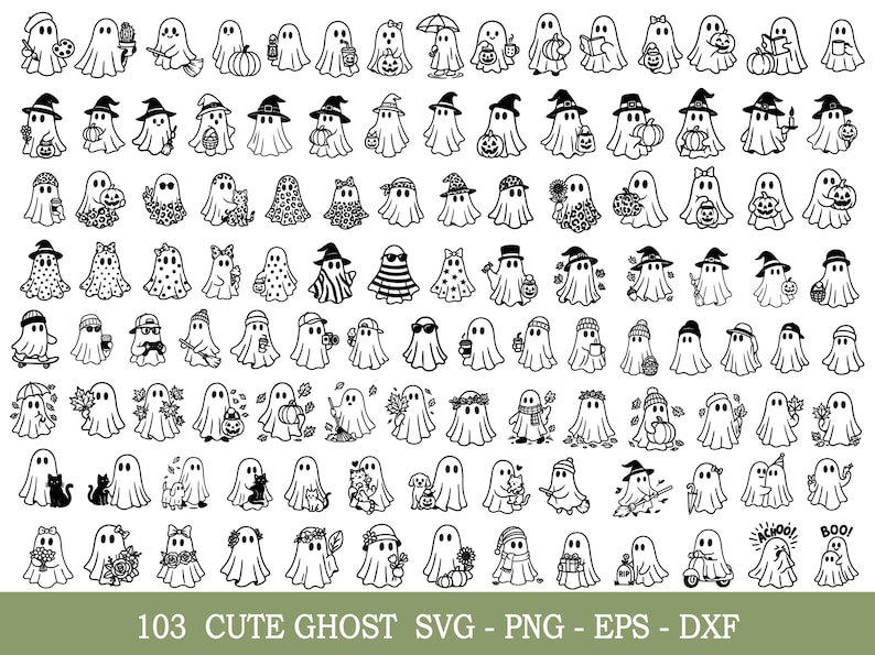May include: A collection of 103 cute ghost illustrations in various styles. The black and white designs include ghosts wearing hats, holding pumpkins, and with other accessories. The text at the bottom reads "103 CUTE GHOST SVG - PNG - EPS - DXF".