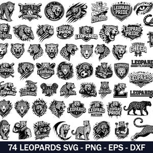 Può includere: Una collezione di 74 design a tema leopardo in bianco e nero. L'immagine include varie illustrazioni di leopardi, teste di leopardo ed elementi testuali come "Leopards", "Leopard Pride" e "Leopards Cheer". I design sono in formati SVG, PNG, EPS e DXF.