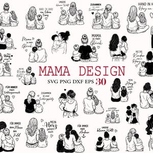 Könnte beinhalten: Eine Sammlung von schwarz-weißen Strichzeichnungen, die Mütter mit Kindern in verschiedenen Posen zeigen, begleitet von deutschen Textphrasen wie Mama ist mein Glück, Hand in Hand und Meine Kinder mein Herz, beschriftet mit MAMA DESIGN.