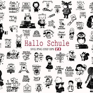 May include: A collection of sixty black and white digital illustrations featuring school-themed motifs, including children with backpacks, animals, books, pencils, and German text phrases like Hallo Schule, Schultüte, and Schulkind for educational projects.