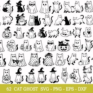 Könnte beinhalten: Eine Sammlung von 62 schwarz-weißen Illustrationen von Katzen und Geistern. Die Katzen sind in verschiedenen Posen dargestellt, einige tragen Hexenhüte oder Sonnenbrillen, andere sind als Geister verkleidet. Der Text "62 CAT GHOST SVG - PNG - EPS - DXX" ist enthalten.