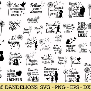 May include: Black and white digital art featuring 35 dandelion designs with inspirational quotes. The quotes include phrases like "Be the sunshine," "Follow your dreams," and "Live, Laugh, Love."