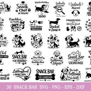 Peut inclure: Ensemble de 30 motifs noirs et blancs sur le thème des chiens, avec des phrases telles que "Snack Bar", "Dackel Zone" et "Beggin' Expert". Les motifs sont disponibles aux formats SVG, PNG, EPS et DXF, pour le bricolage.