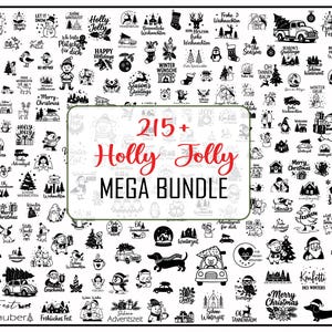 Op de afbeelding: Een verzameling van meer dan 215 zwart-witte ontwerpen met kerstthema. De ontwerpen bevatten feestelijke zinnen, vakantiepersonages en winterse scènes. De woorden "Holly Jolly MEGA BUNDLE" staan in het midden van de afbeelding.