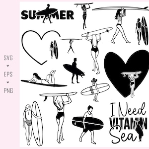 15 Surfing Girl Svg Bundle, Surfing Silhouette, Surfing Clipart, Surfing Decal