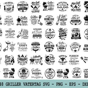 Könnte beinhalten: Eine Sammlung von 48 schwarz-weißen Grafikdesigns mit Grill-Motiven und deutschen Texten rund ums Grillen, einschließlich Symbolen von Grills, Grillzangen und Lebensmitteln, die in einem Raster auf weißem Hintergrund angeordnet sind.