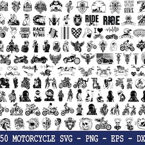 Puede incluir: Una colección de 150 diseños gráficos en blanco y negro con temática de motocicletas que incluye varias ilustraciones de pilotos, cascos, calaveras y motos, con elementos de texto como Ride, Motocross y Race Vibes, en una cuadrícula.