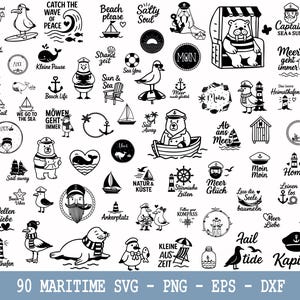 Peut inclure: Une collection de 90 illustrations vectorielles en noir et blanc sur le thème maritime, comprenant des mouettes, des ours en chapeau de marin, des phares, des voiliers, des ancres, des cabines de plage et des phrases nautiques.