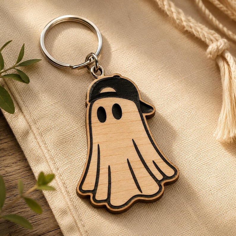May include: A wooden ghost keychain with a black baseball cap. The ghost has two oval eyes and a wavy bottom edge. The keychain is attached to a silver metal ring.
