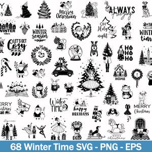 May include: A collection of 68 black and white digital illustrations featuring winter and Christmas themes, including Santa Claus, reindeer, ballerinas, pine trees, festive text, animals, and holiday decorations, presented as a graphic design set.