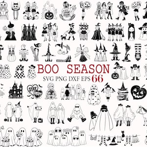 May include: A collection of black and white digital illustrations featuring Halloween themes including ghosts, witches, pumpkins, haunted houses, and skeletons. The central text reads BOO SEASON SVG PNG DXF EPS 66, showcasing various spooky characters.