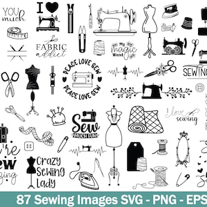 Peut inclure: Une collection de 87 images sur le thème de la couture en noir et blanc, comprenant des machines à coudre, des ciseaux, des bobines de fil et des phrases telles que "Fabric Addict" et "Sew Much Fun". Les images sont aux formats SVG, PNG et EPS.