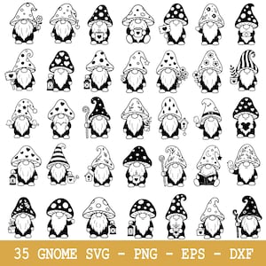 Könnte beinhalten: Eine Sammlung von 35 schwarz-weißen Zwergen-Illustrationen. Jeder Zwerg hat einen langen weißen Bart und einen pilzförmigen Hut. Einige Zwerge halten Gegenstände wie Blumen, Herzen und Laternen. Der Text unten lautet "35 GNOME SVG - PNG - EPS - DXF."