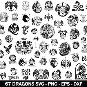 May include: A collection of 67 black dragon-themed designs, including logos, emblems, and illustrations. The designs feature dragons, dice, swords, and text such as "Dungeon Master", "D&D", and "Game On". The image is suitable for crafting or digital design projects.