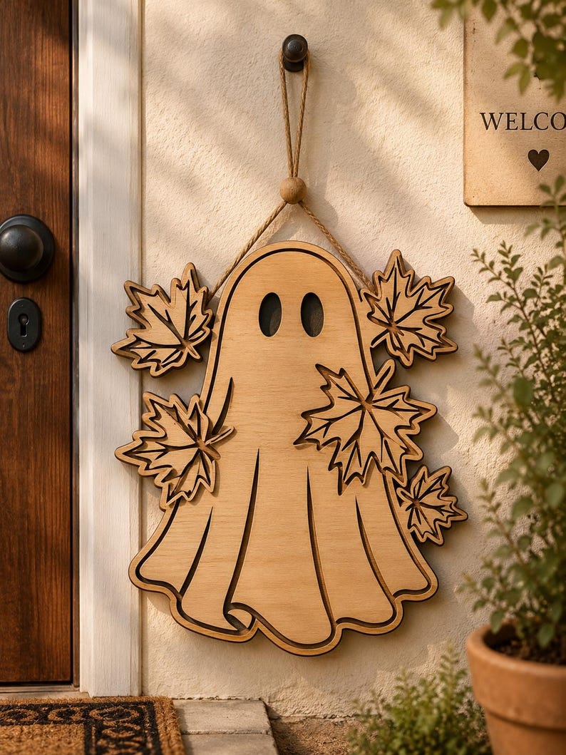 May include: Wooden ghost-shaped door hanger with maple leaf accents. The ghost has two oval eyes and is suspended by a jute rope. The door hanger is made of light-colored wood and is hanging on a beige wall.
