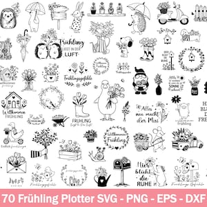 May include: A collection of black and white spring-themed illustrations. The designs include animals, flowers, garden elements, and text such as "Frühling" and "Willkommen Frühling". The bottom of the image reads "70 Frühling Plotter SVG - PNG - EPS - DXF".